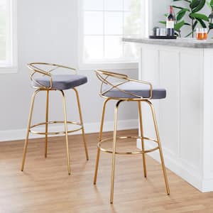 Charlotte Glam 29.75 in. Grey Velvet and Gold Metal Fixed-Height Bar Stool with Round Footrest (Set of 2)