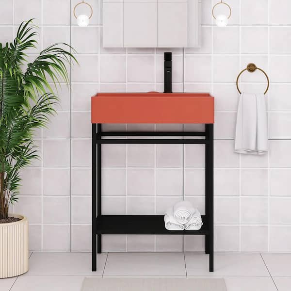 24 in. W x 14 in. D x 33 in. H Single Sink Freestanding Bath Vanity in Black with Red Ceramic Top