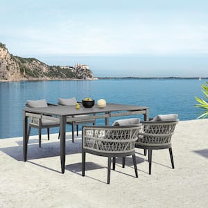 Zella Warm Gray 5-Piece Aluminum Rectangle Outdoor Dining Set with Earl Gray Cushions