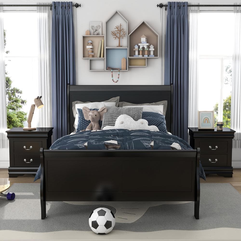 Black Twin Sleigh Bed with Wood Frame and Headboard
