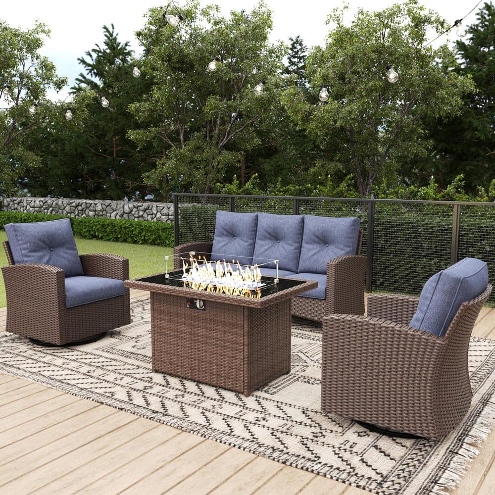 4-Piece Wicker Outdoor Swivel Outdoor Rocking Chair Set Patio Conversation Fire Pit Set with Navy Blue Cushions price history on PriceWatchPro