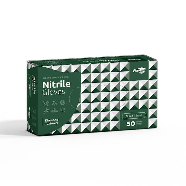 WeCare 8 Mil Small Heavy-Duty Nitrile Gloves in Green with Diamond Texture Grip Powder and Latex Free (50-Count)