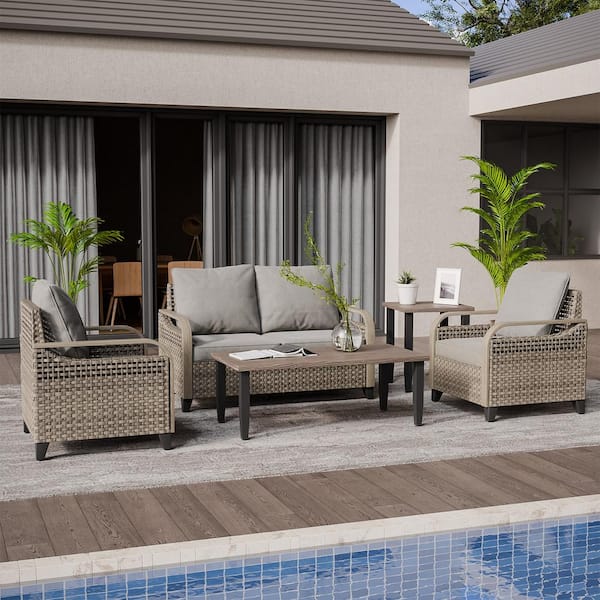 EAGLE PEAK 5-Piece Wicker Outdoor Patio Conversation Set with Gray Cushions, Coffee Table and Side Table