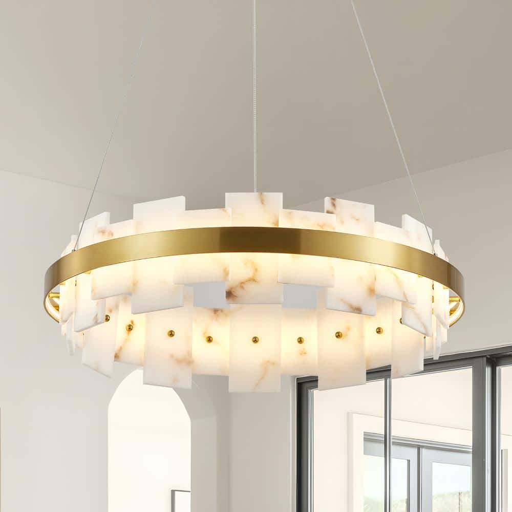 20 in. Gold Modern Luxury Alabaster Linear Ceiling Lighting Chandelier with Crystal Shade, Adjustable Height price history on PriceWatchPro