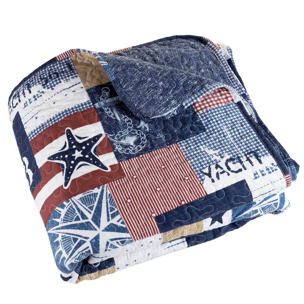 Full/Queen Blue Microfiber Nautical Americana Quilt Set