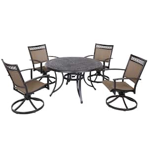 Jon 5-Piece Cast Aluminum Outdoor Dining Set with Mesh Table and Swivel Sling Chairs in Champagne Gold