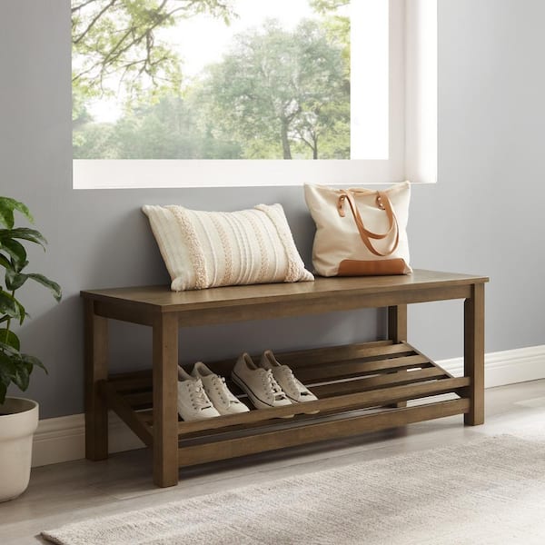 Welwick Designs Rustic Oak Solid Wood Entry Bench with Angled Shoe Storage Shelf (18 in. H x 48 in. W x 16 in. D)