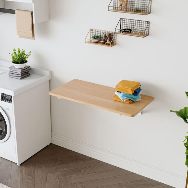 Laundry Room Folding Table, Wall Mounted Folding Table for Small Spaces, Workbench for Garage/Office/Kitchen in Brown