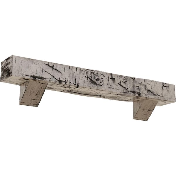 Ekena Millwork 4 in. x 4 in. x 4 ft. Hand Hewn Faux Wood Fireplace Mantel Kit, Breckinridge Corbels, Burnished Pine