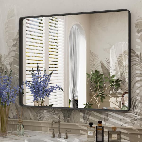 40 in. W. x 32 in. H Rectangular Framed French Cleat Wall Mounted Tempered Glass Bathroom Vanity Mirror in Matte Black