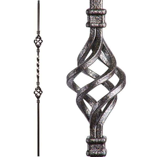 HOUSE OF FORGINGS Twist and Basket 44 in. x 0.5 in. Copper Vein Double Basket Solid Wrought Iron Baluster