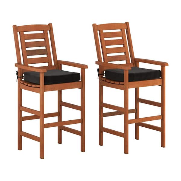 CorLiving Miramar Wood Outdoor Bar Stool with Black Cushion (2-Pack)