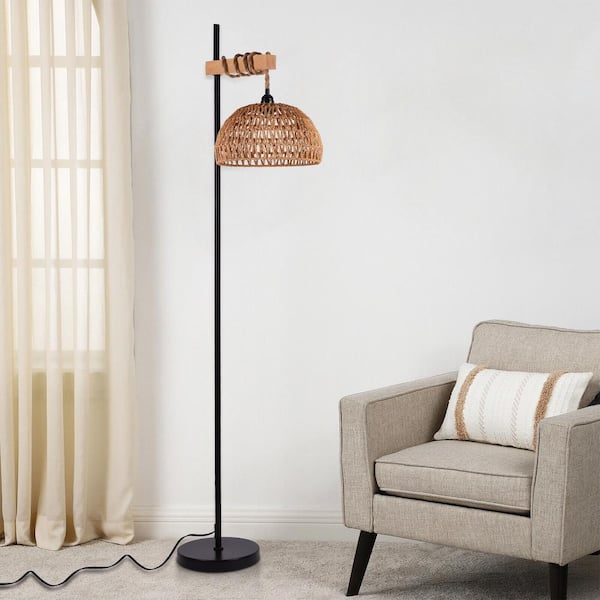 Farmhouse Rattan Floor Lamp For Living Room - Modern Standing Lamp With Handmade Shade, Black Tall Lamp With Foot Switch & LED Bulb Farmhouse Rattan Floor Lamp For Living Room - Modern Standing Lamp With Handmade Shade, Black Tall Lamp With Foot Switch & LED Bulb