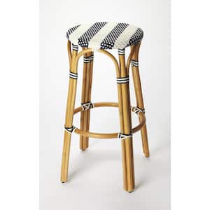 Tobias 30 in. Blue and White Rattan Bar Stool