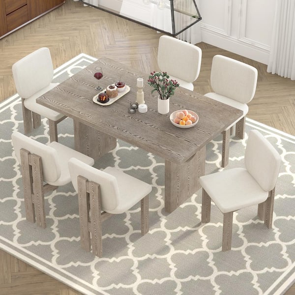 7-Piece Natural Wood Wash MDF Top Rectangular Dining Set with 6 Upholstered Chairs