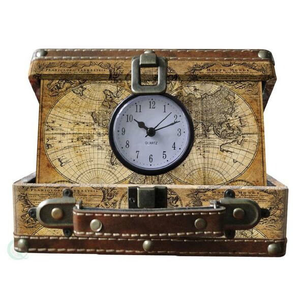 Vintiquewise 8 in. x 6.5 in. x 3.2 in. Wood and Faux Leather Old World Map Small Suitcase Clock