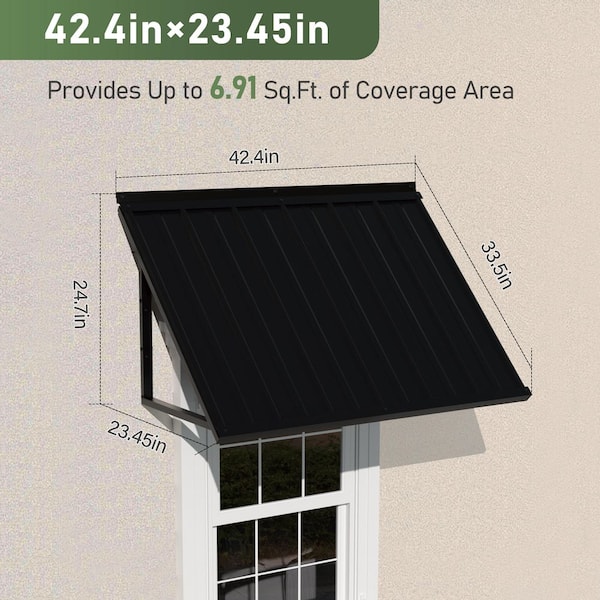 42.4 in. x 23.5 in. Fixed Metal Door Window Awning Canopy, Rust-Resistant Solid Steel Frame Cover, Black