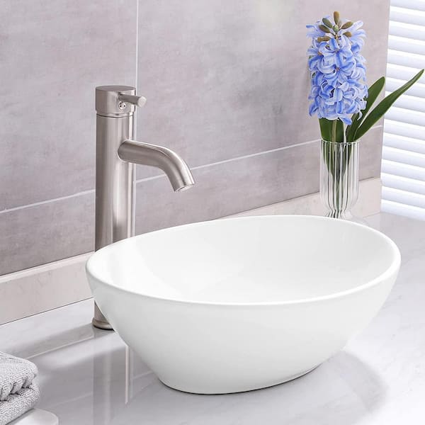 16 x 13 Oval White Ceramic Vessel Sink Modern Egg Shape Above Counter Bathroom Vanity Bowl,Porcelain Bathroom Vessel Vanity Sink Art Basin
