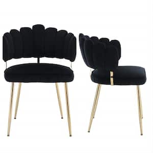 Modern Black Velvet Woven Accent Dining Chairs with Gold Metal Legs Set of 2