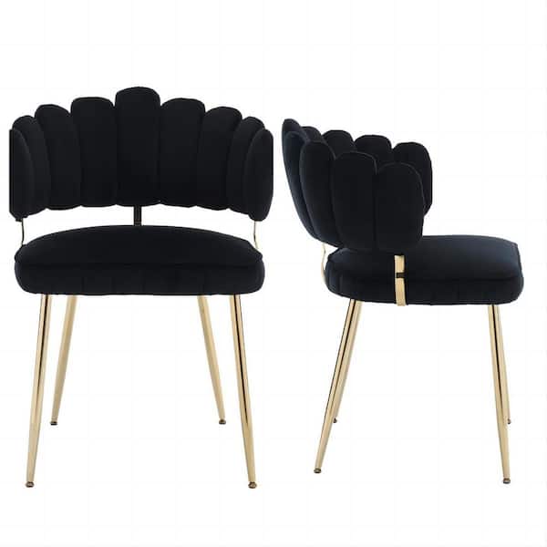 HOMEFUN Modern Black Velvet Woven Accent Dining Chairs with Gold Metal Legs Set of 2