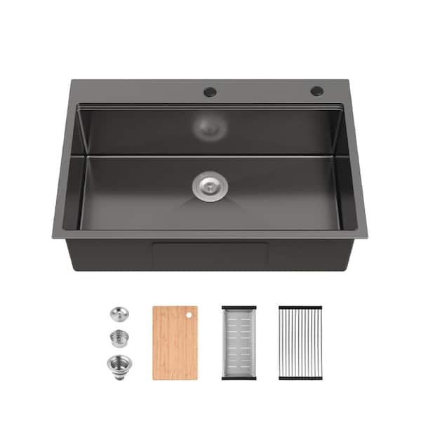 Stainless Steel Kitchen Sink, 33″x22″ Single Bowl, Overmount Handmade Sink in Black, with Cutting Board, Colander