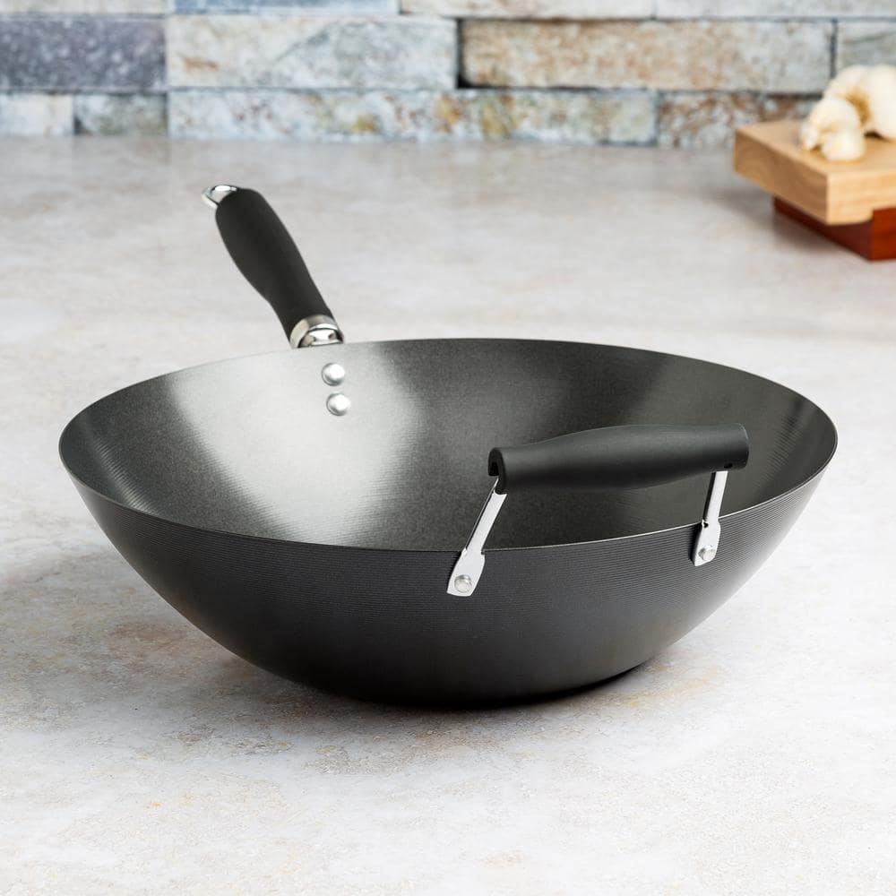 Black Non-Stick Carbon Steel Wok with Helper Handle, 14"