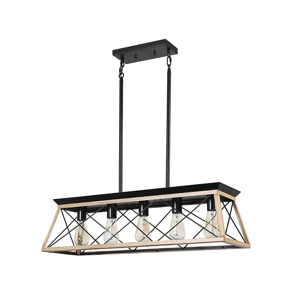 5-Light Oak Metal Solid Ceiling Lights Industrial Kitchen Island Pendant Light -  Tidoin, Light-YDW1-497