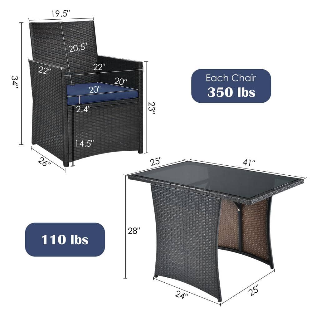 Navy 3-Piece Outdoor Patio Rattan Bistro Set with Cushions