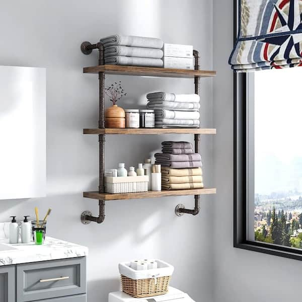 24 in. W x 9.85 in. D 2 Tier Retro Rustic Farmhouse Pipe Industrial Wall Shelves Bathroom Shelves Decorative Wall Shelf