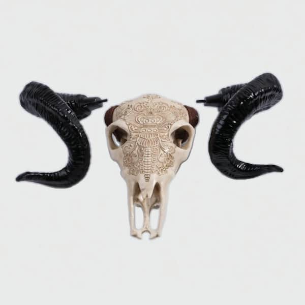 22.44 in. Ivory and Black Resin Bone-Inspired Bull Head Hanging Ornament-North American Style