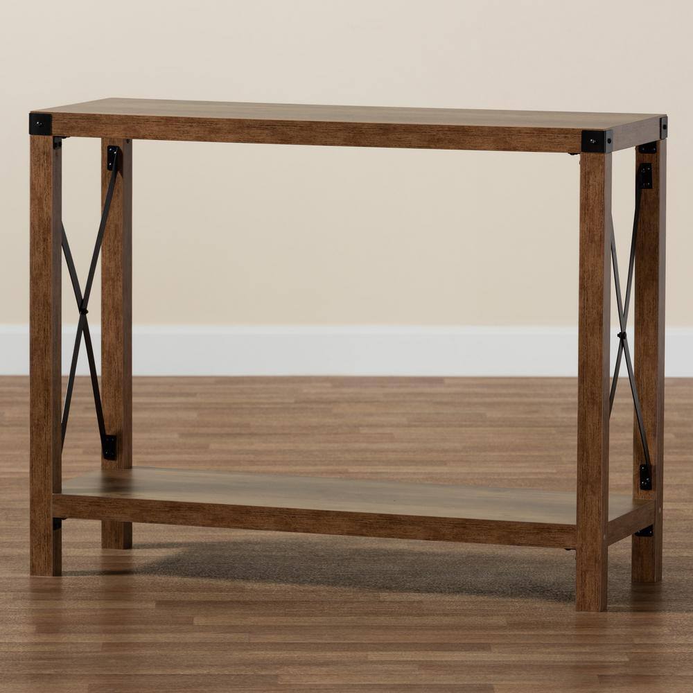 Natural Brown Wood and Black Metal Console Table with Storage