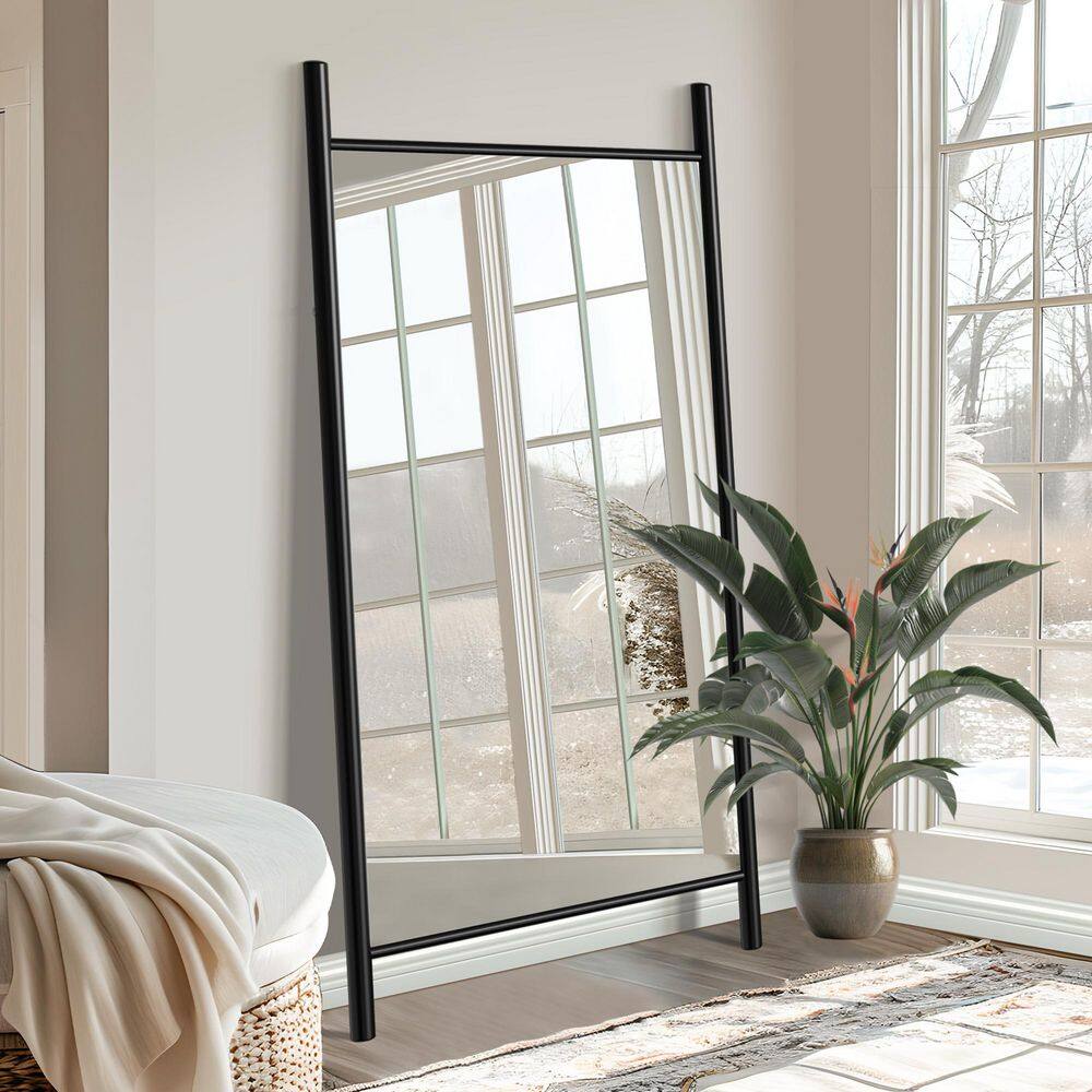 Black 31 in. W x 71 in. H Ladder Rectangular Solid Wood Full Length Mirror 