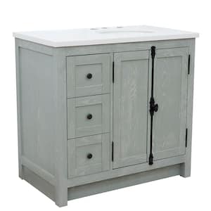 Plantation 37 in. W x 22 in. D x 36 in. H Bath Vanity in Gray Ash with White Quartz top and Right Side Oval Sink