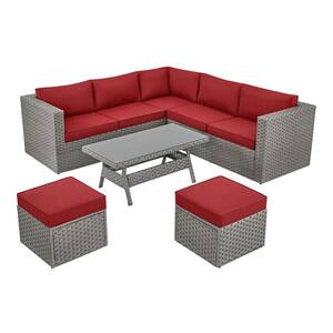 5-Piece Hampton Bay Southmore Steel UV ResistantWaterproof Wicker Outdoor Sectional Set with Chili Red Cushions