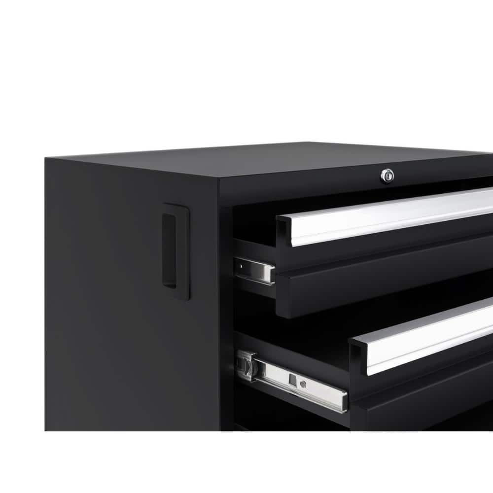 Black Lockable Garage Cabinet Set with Bamboo Worktop