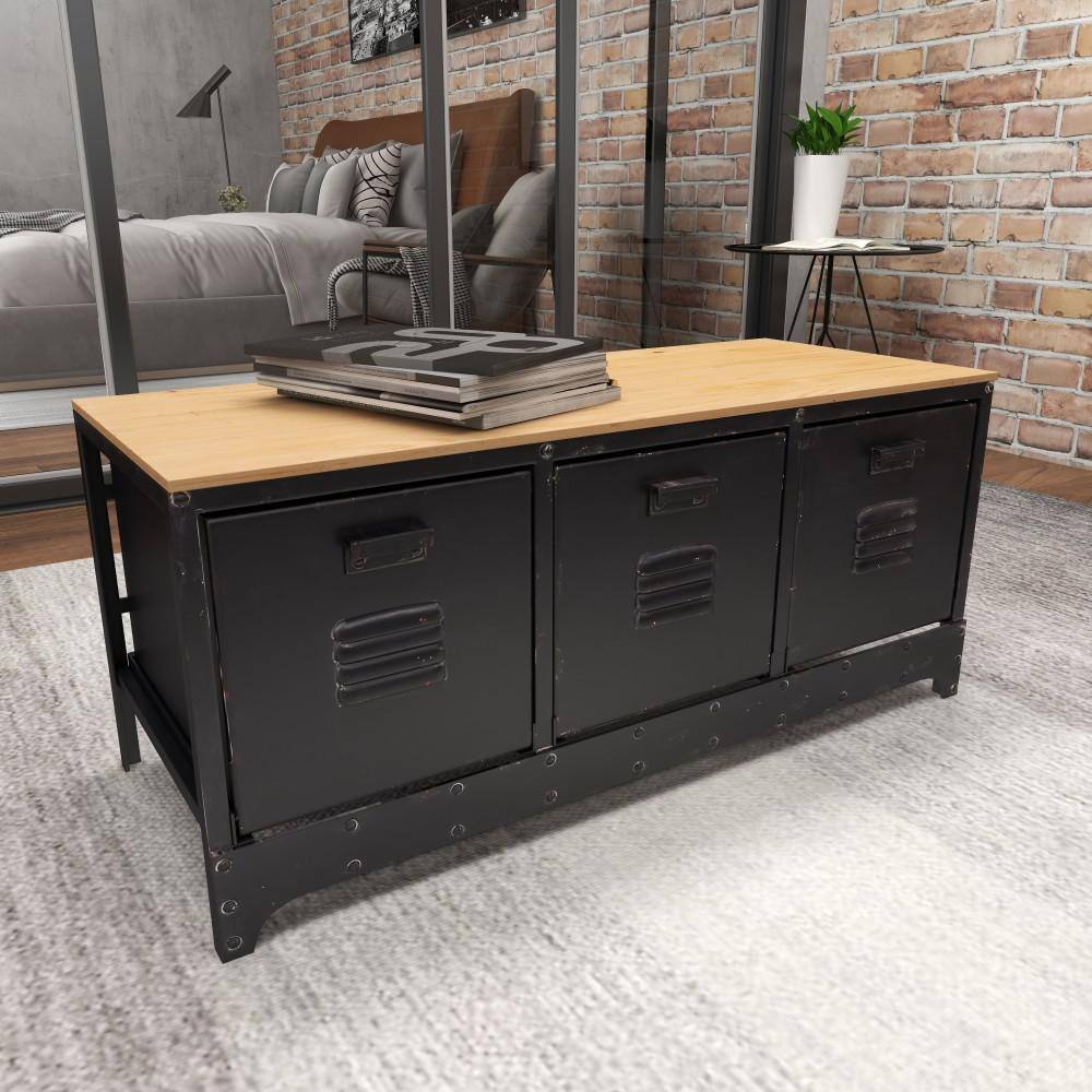 Industrial Charm Black and Cocoa Brown Storage Bench with 3 Drawers