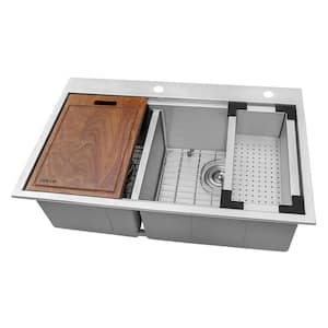 33 x 22 inch Workstation Drop-in 40/60 Double Bowl Topmount Rounded Corners Kitchen Sink