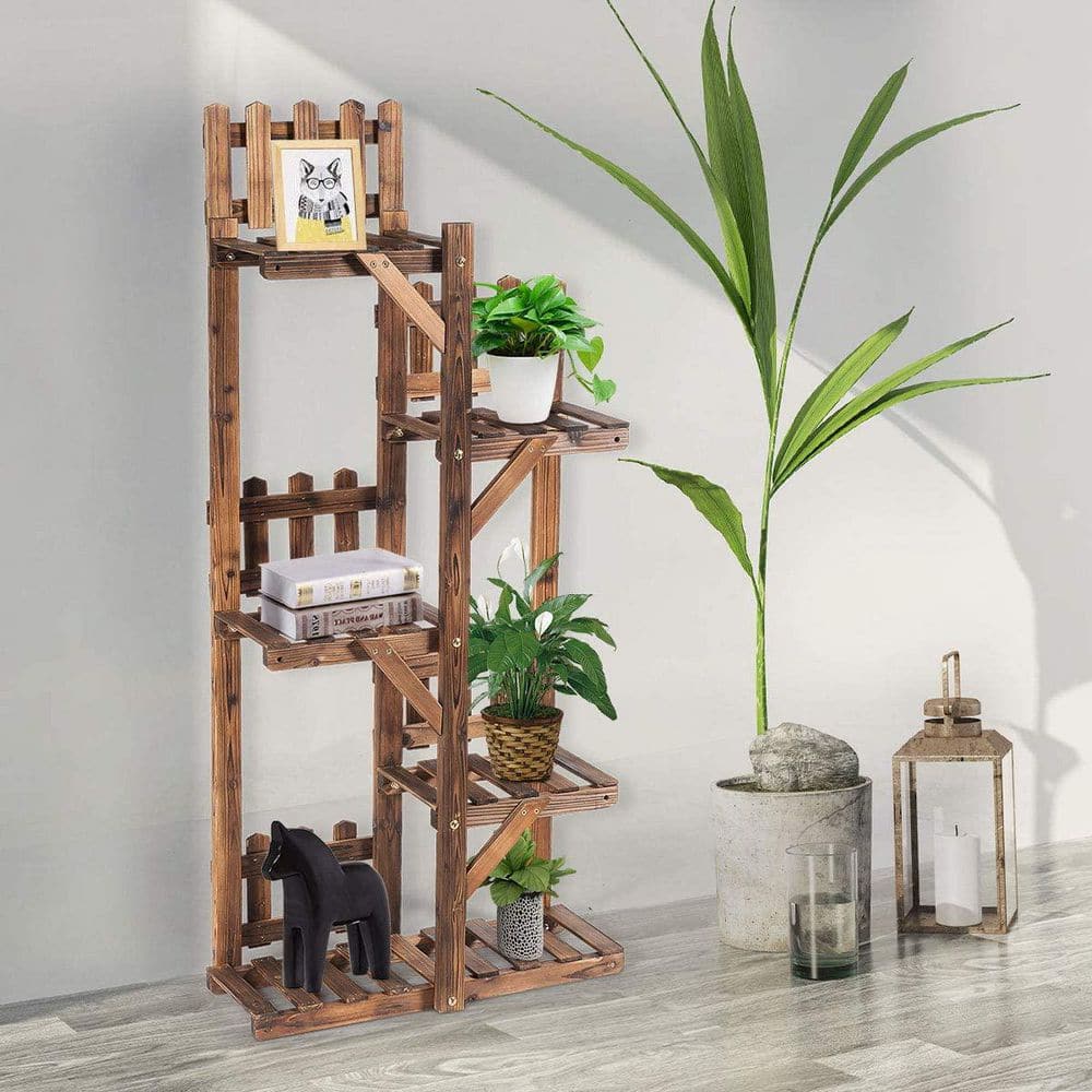 5-Tier Dark Brown Solid Fir Wood Plant Stand
