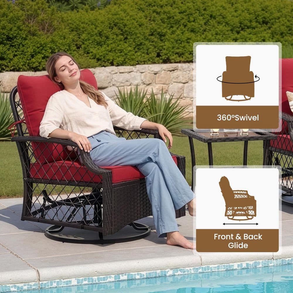 A woman relaxing in a red wicker swivel chair.