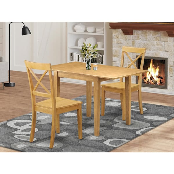 East West Furniture 3-Piece Natural Brown Oak Finish Solid Wood Top Dining Table Set