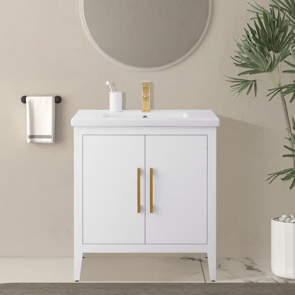 30 in. W x 18.5 in D x 34 in. H Single Sink Bathroom Vanity Cabinet in White with Ceramic Top
