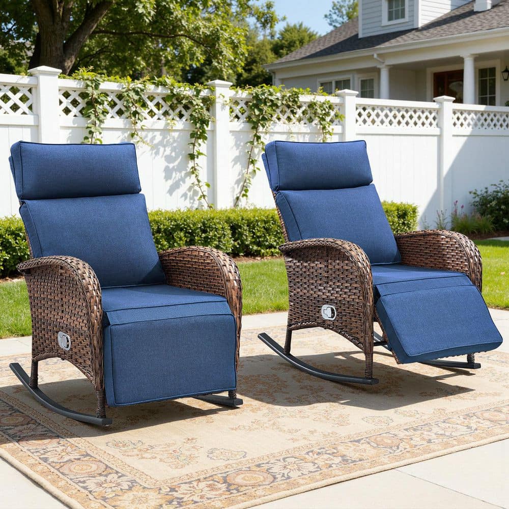 AFFort Wicker Patio Pneumatic Pump Gravity Adjustment Outdoor Rocking Chair with Blue Cushions (2-Pack) price history on PriceWatchPro