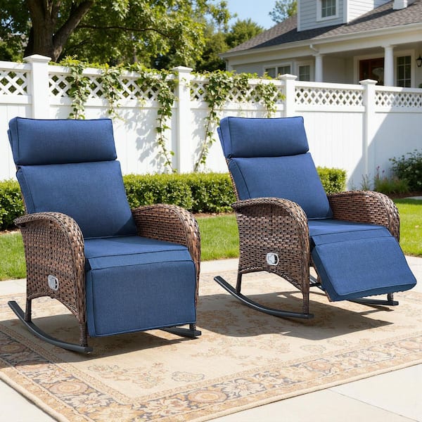Affort 3-Piece Wicker Patio Pneumatic Pump Gravity Adjustment Outdoor Rocking Chair with Blue Cushions