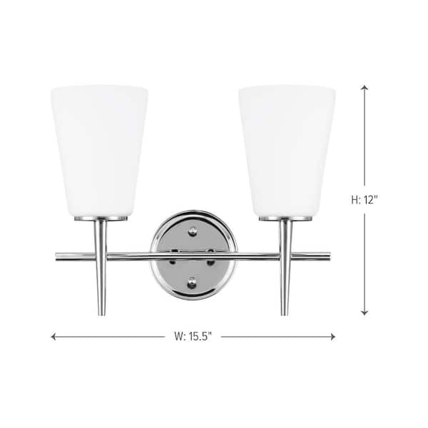 Driscoll 15.5 in. 2-Light Contemporary Modern Chrome Wall Bathroom Vanity Light with White Glass Shades and LED Bulbs