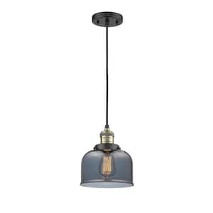 Bell 1 Light Black Antique Brass Bowl Pendant Light with Plated Smoke Glass Shade