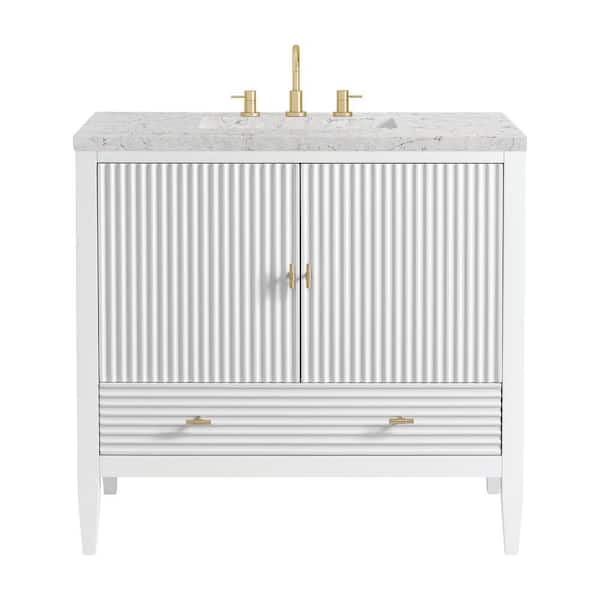 James Martin Vanities Myrrin 36.0 in. W x 23.5 in. D x 34.06 in. H Single Bathroom Vanity Bright White and Eternal Jasmine Pearl Quartz Top