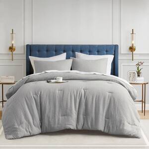 Mina 3-Piece Light Grey Full/Queen Waffle Weave Textured Comforter Set