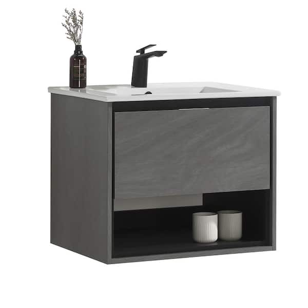 JimsMaison Eimi 24 in. W x 18 in. D x 20 in. H Bathroom Vanity Side Cabinet in Grey Ebony with White Ceramic Top