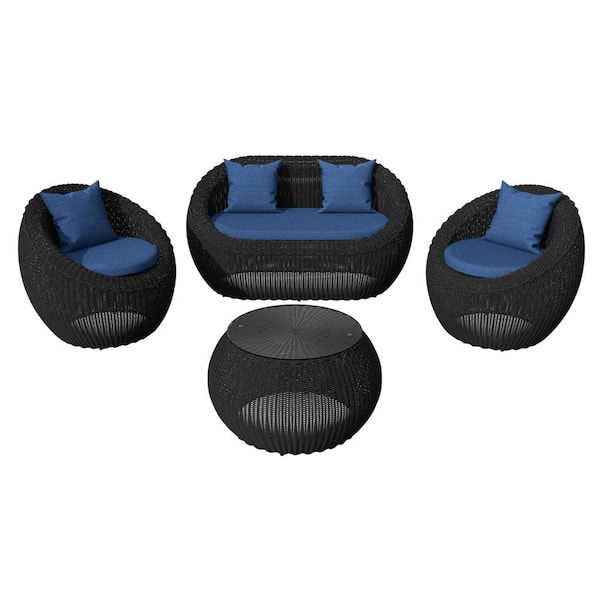 TWT Black 4-Piece Hand-Woven Wicker Aluminum Outdoor Patio Conversation Set Outdoor Couch with Blue Cushions