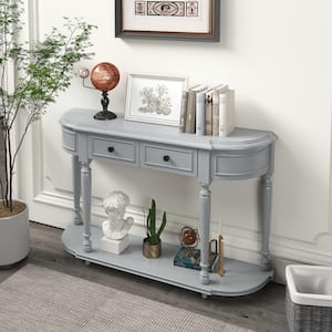 52 in. Gray Wash Circular Curved Wood Console Table with Open Shelf and 2-Drawers Elegant Hallway Sofa for Living Room